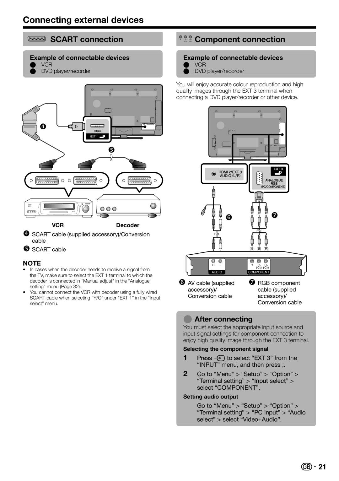 Sharp LC-40LE810E, LC-52LE820E Connecting external devices, Scart connection, PB PR Component connection, After connecting 