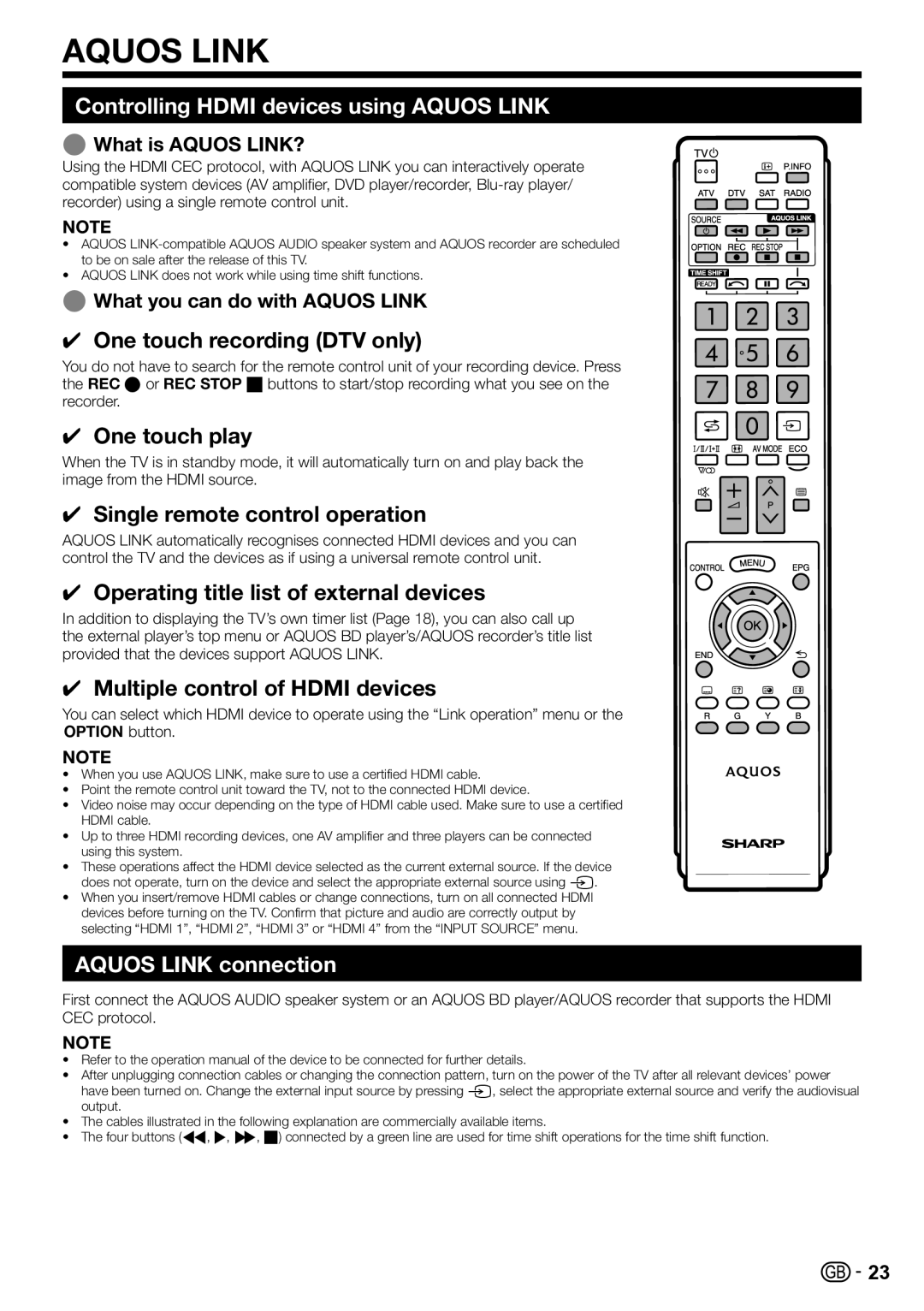 Sharp LC-52LE820E, LC-46LE820E, LC-46LE810E, LC-40LE810E Controlling Hdmi devices using Aquos Link, Aquos Link connection 