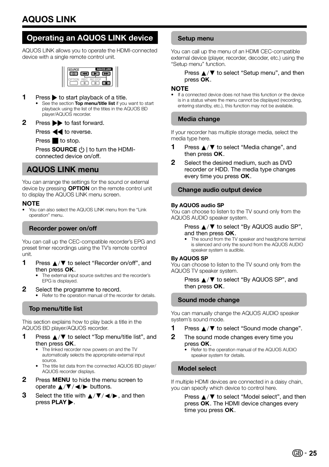 Sharp LC-46LE810E, LC-52LE820E, LC-46LE820E, LC-40LE810E, LC-40LE820E Operating an Aquos Link device, Aquos Link menu 