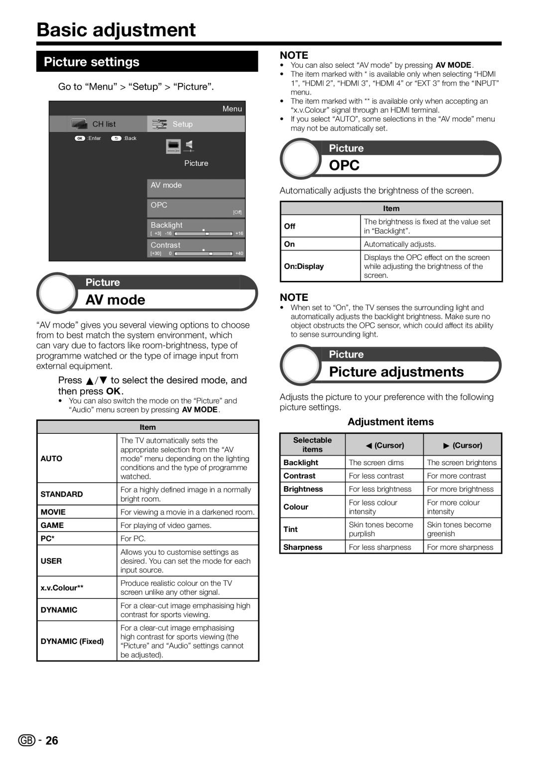 Sharp LC-40LE810E, LC-52LE820E Basic adjustment, AV mode, Picture adjustments, Picture settings, Adjustment items 