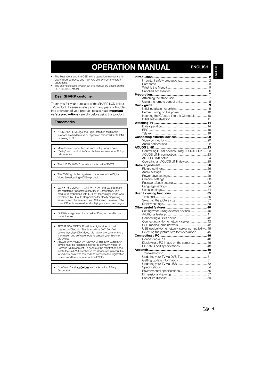 Sharp LC-40LE810E, LC-52LE820E, LC-46LE820E, LC-46LE810E, LC-40LE820E operation manual Dear Sharp customer, Trademarks 