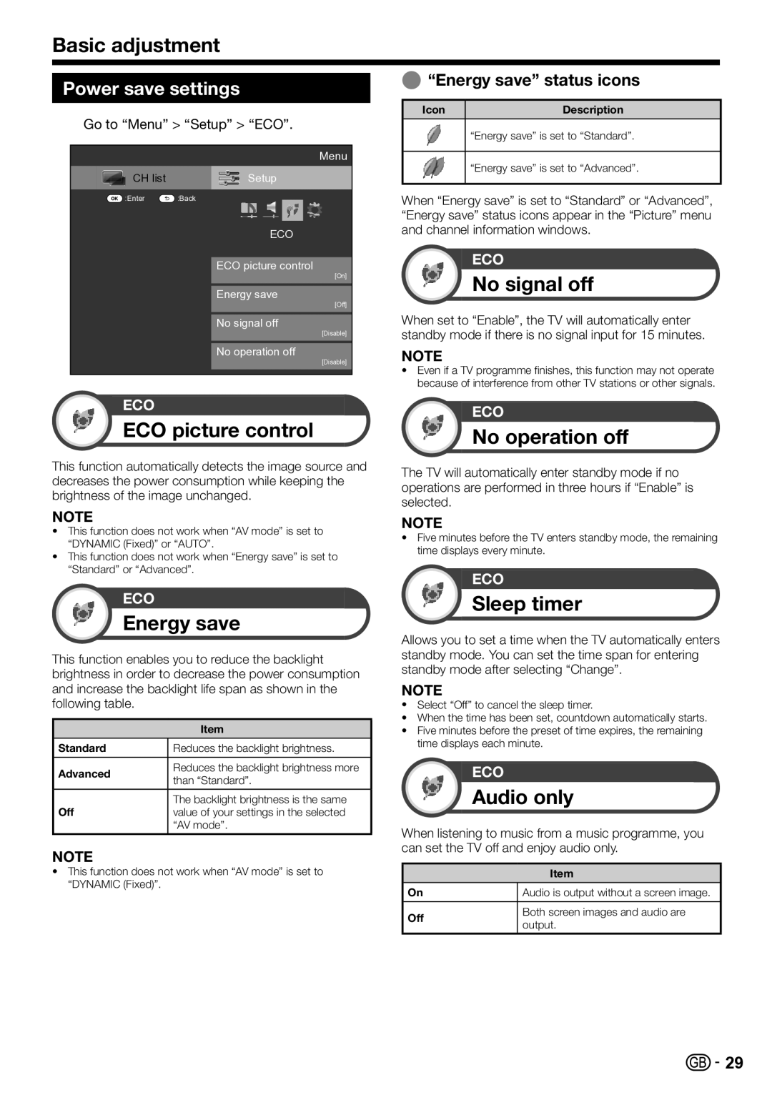 Sharp LC-46LE820E, LC-52LE820E ECO picture control, Energy save, No signal off, No operation off, Sleep timer, Audio only 