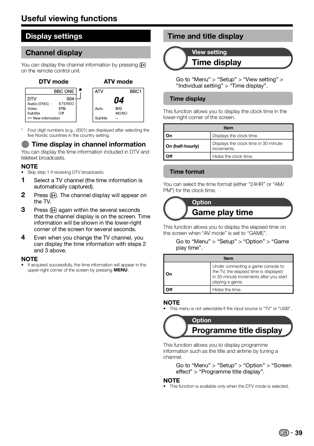 Sharp LC-46LE820E, LC-52LE820E, LC-46LE810E Time display, Game play time, Programme title display, Display settings 