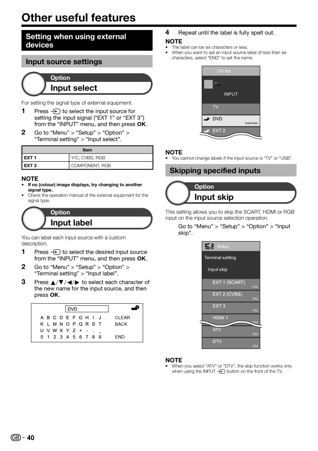 Sharp LC-46LE810E Other useful features, Input select, Input label, Input skip, Setting when using external devices 