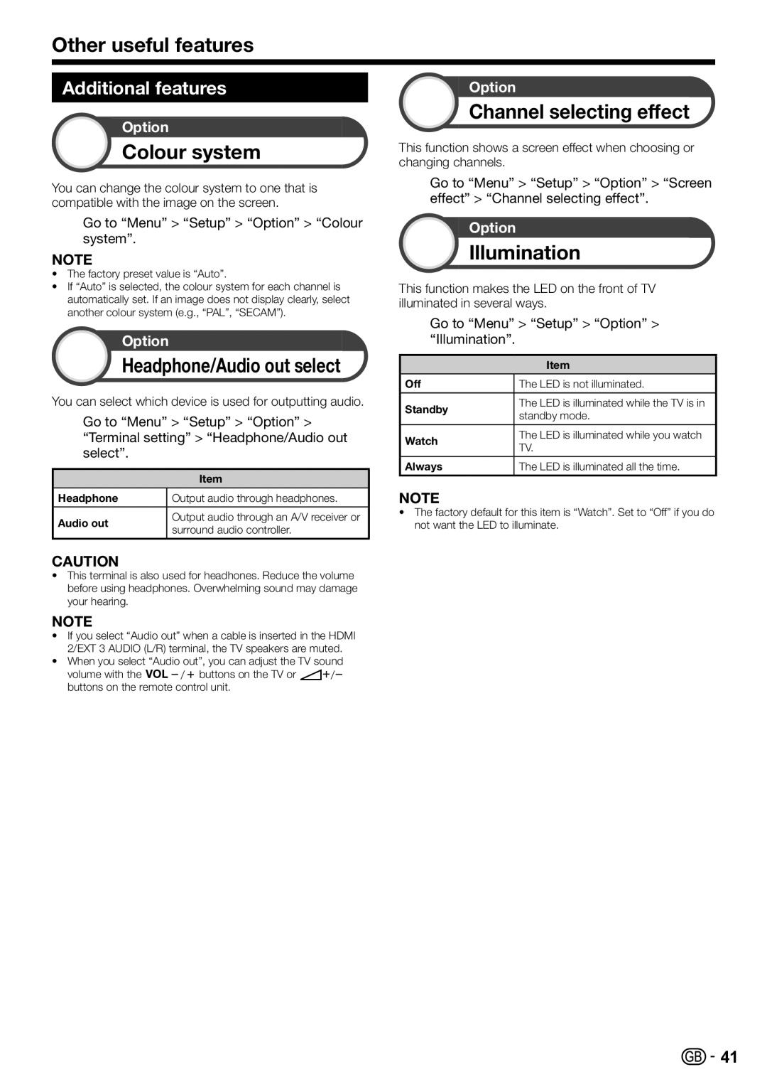 Sharp LC-40LE810E Other useful features, Colour system, Headphone/Audio out select, Channel selecting effect, Illumination 