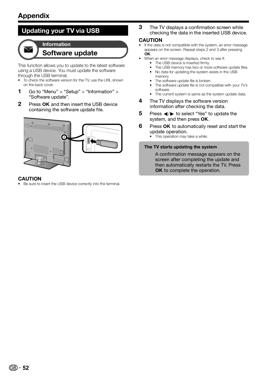 Sharp LC-40LE820E Software update, Updating your TV via USB, To complete the operation, TV starts updating the system 