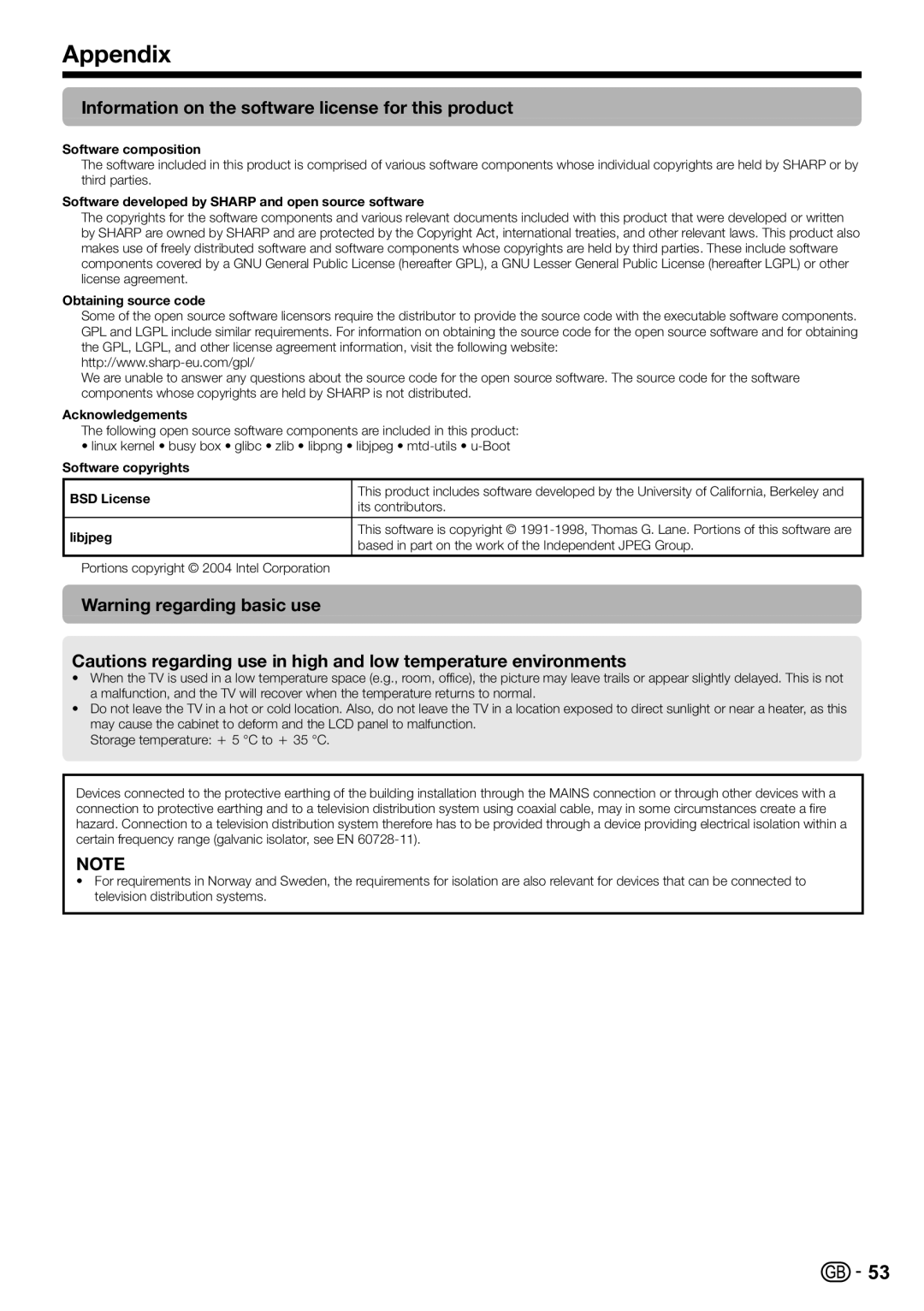 Sharp LC-52LE820E, LC-46LE820E, LC-46LE810E, LC-40LE810E, LC-40LE820E Information on the software license for this product 