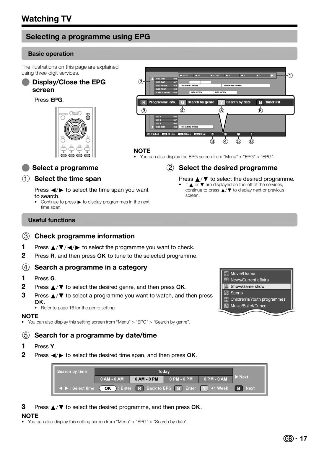Sharp LC-40LE820E Selecting a programme using EPG, E Display/Close the EPG screen, Check programme information 