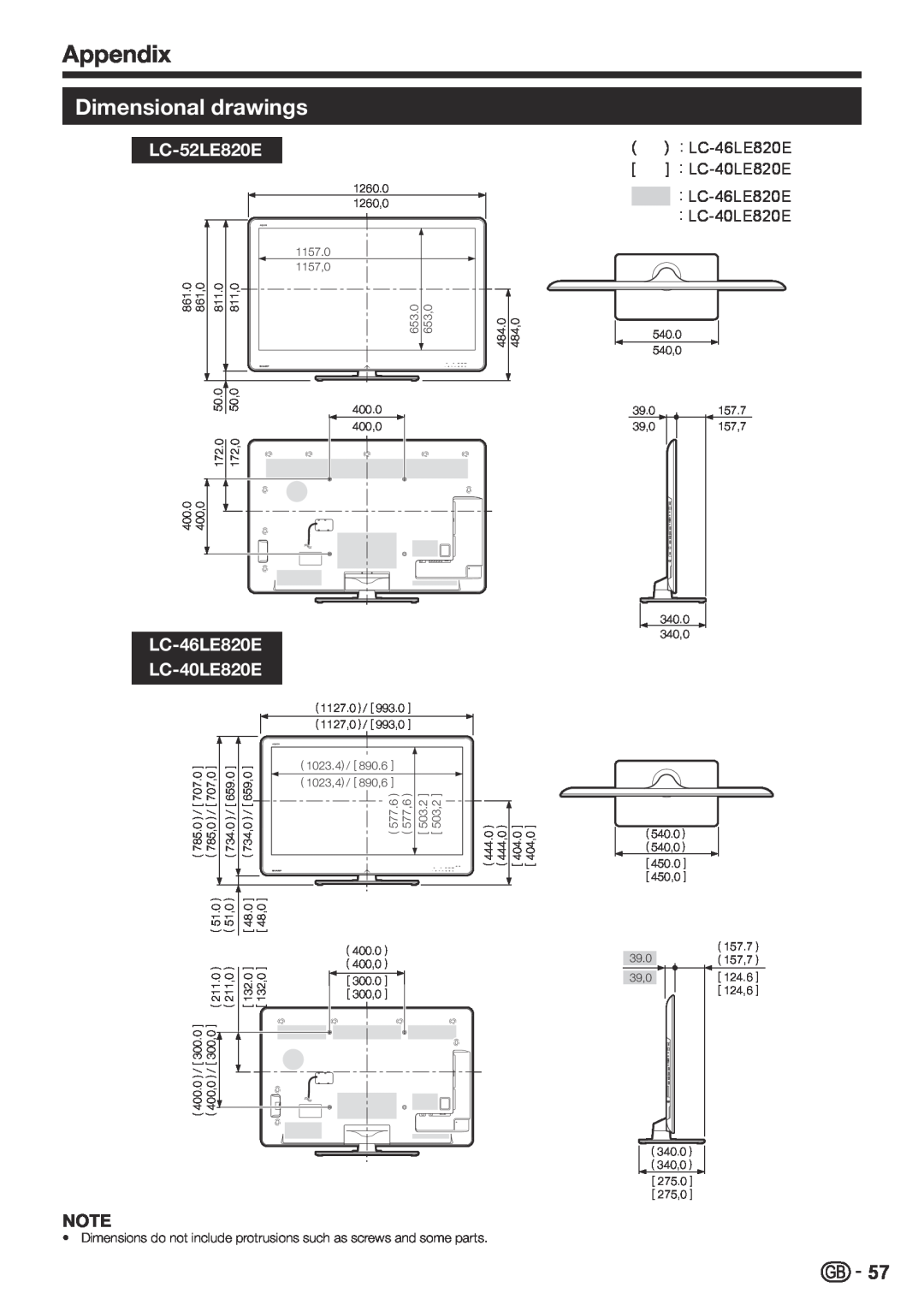 Sharp LC-46LE810E, LC-40LE810E operation manual Dimensional drawings, LC-52LE820E, LC-46LE820E LC-40LE820E, Appendix 