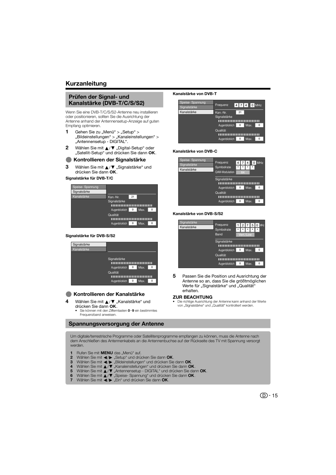 Sharp LC-52LE822ERU, LC-46LX812ERU Prüfen der Signal- und Kanalstärke DVB-T/C/S/S2, Spannungsversorgung der Antenne 