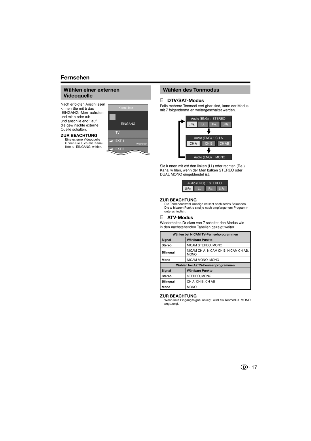 Sharp LC-46LE822ERU Fernsehen, Wählen einer externen Videoquelle Wählen des Tonmodus, DTV/SAT-Modus, ATV-Modus 