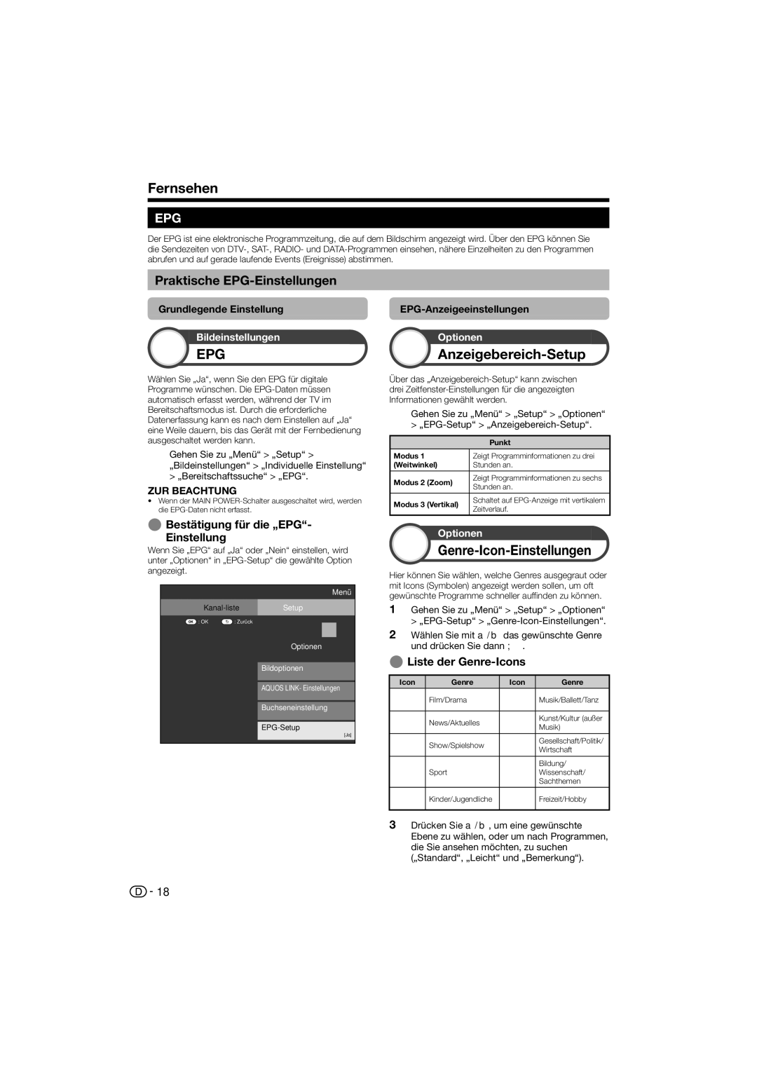 Sharp LC-46LE822E Anzeigebereich-Setup, Genre-Icon-Einstellungen, Praktische EPG-Einstellungen, Liste der Genre-Icons 