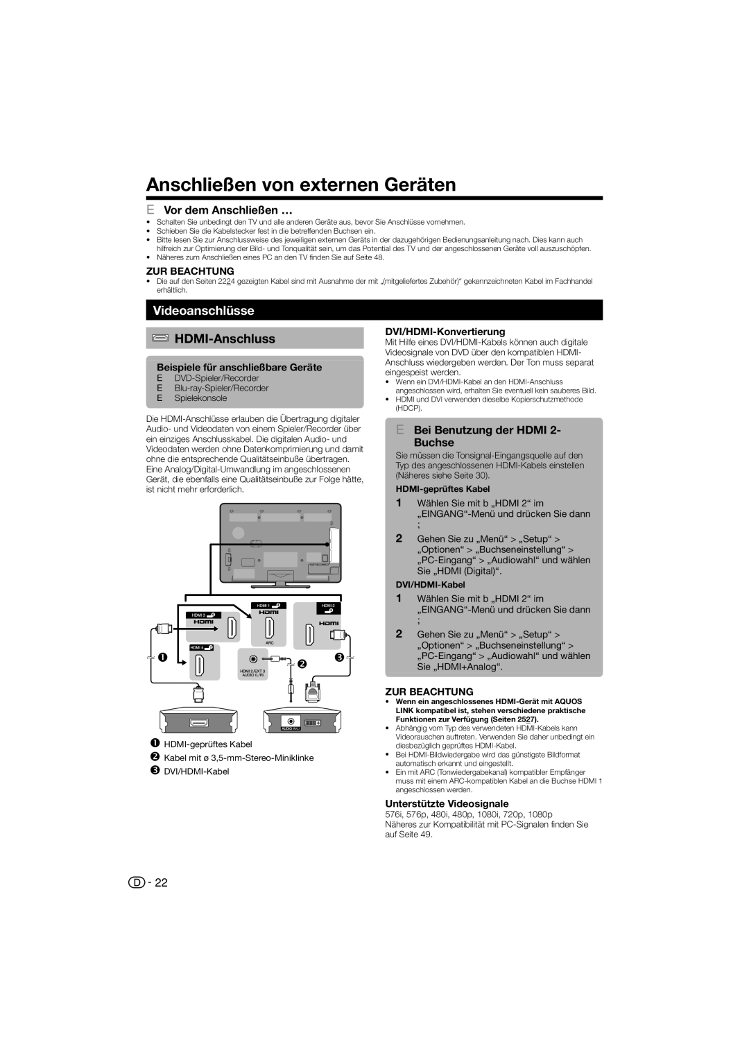 Sharp LC-40LX812E, LC-52LE822ERU Anschließen von externen Geräten, Videoanschlüsse, HDMI-Anschluss, Vor dem Anschließen … 