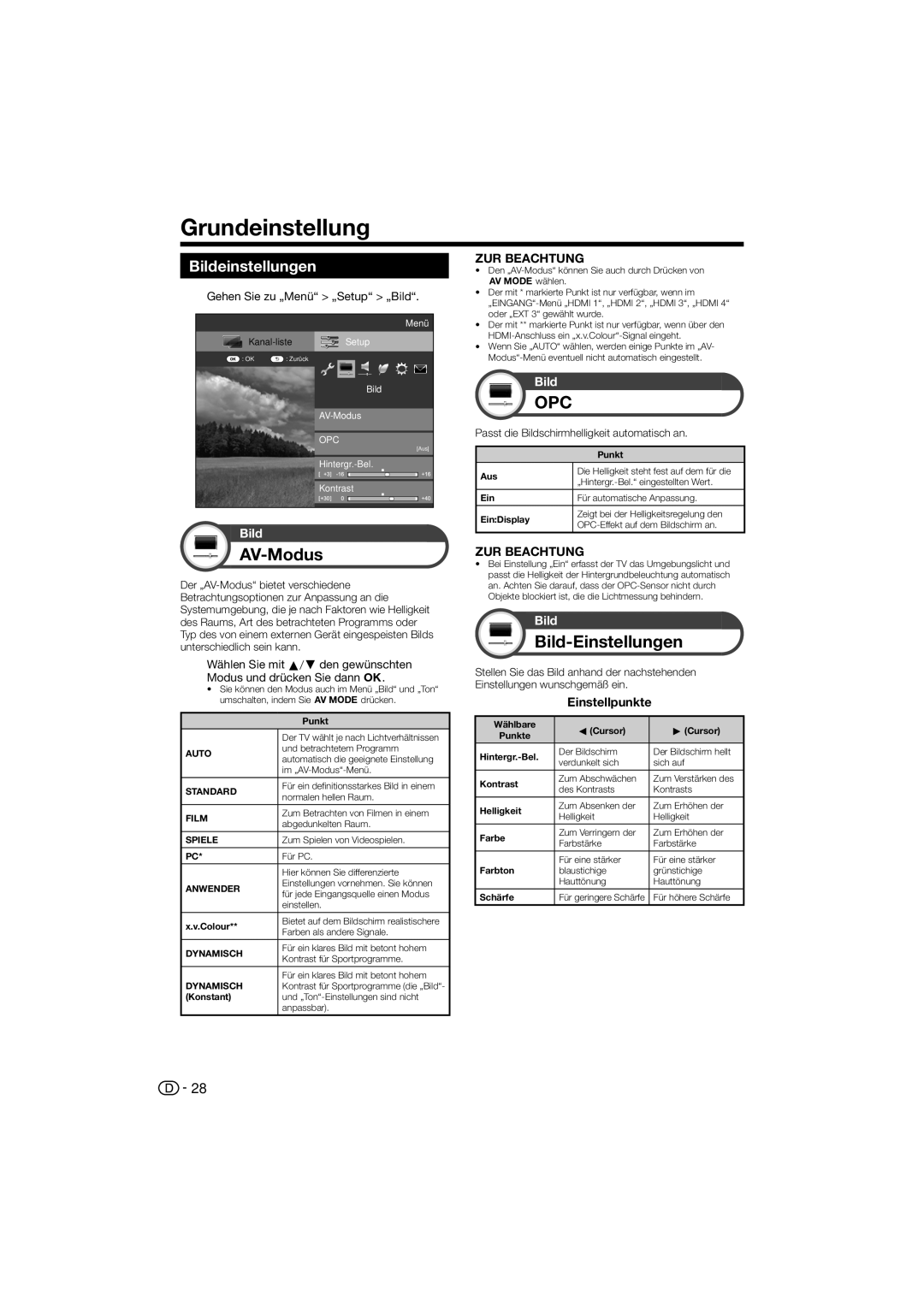 Sharp LC-40LE822E, LC-52LE822ERU Grundeinstellung, AV-Modus, Bild-Einstellungen, Bildeinstellungen, Einstellpunkte 