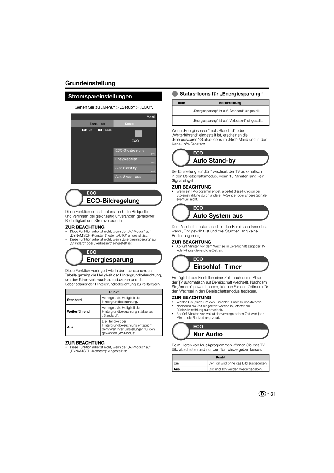 Sharp LC-52LE822E ECO-Bildregelung, Energiesparung, Auto Stand-by, Auto System aus, Einschlaf- Timer, Nur Audio 