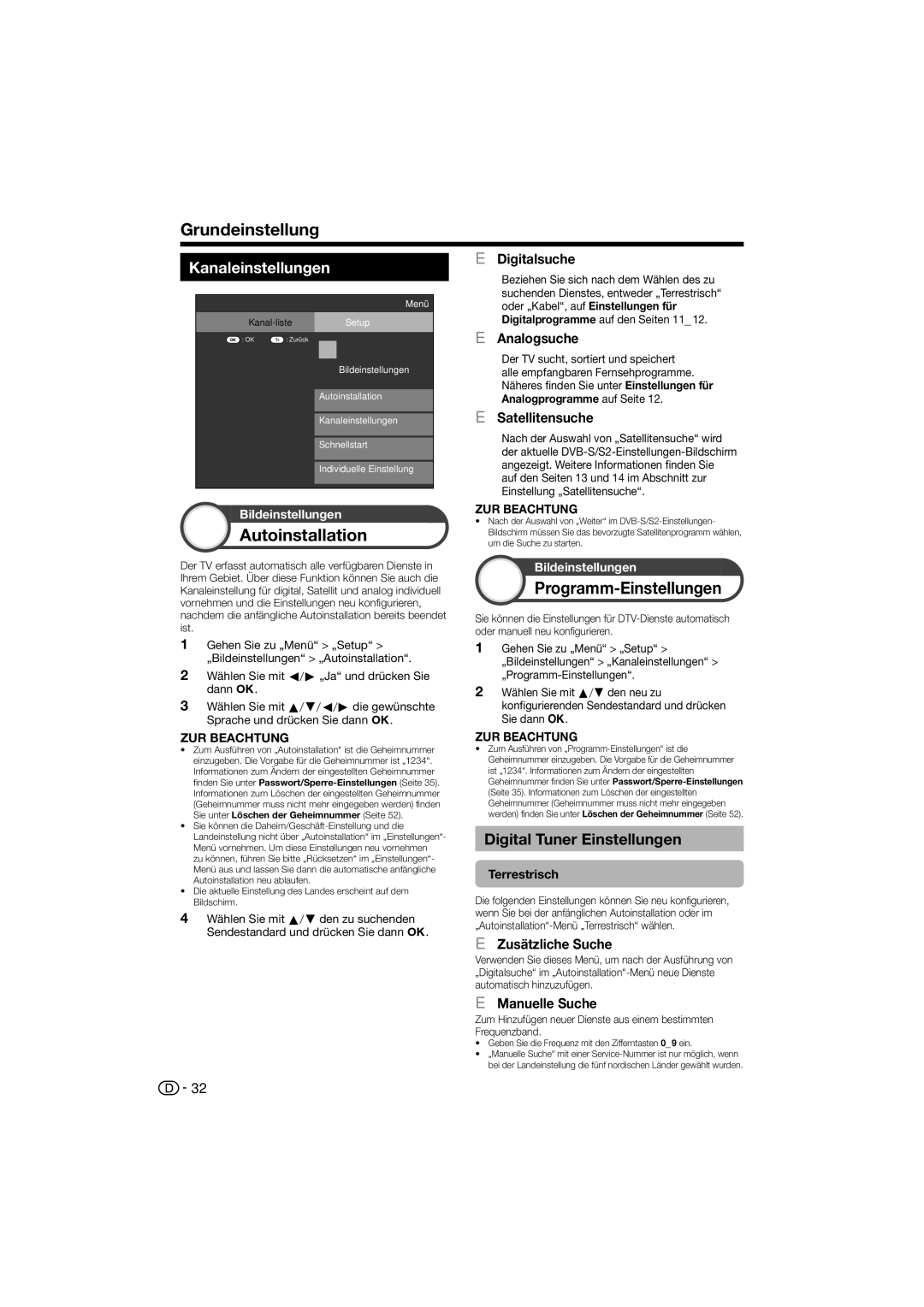 Sharp LC-46LX812ERU, LC-52LE822E Autoinstallation, Programm-Einstellungen, Kanaleinstellungen, Digital Tuner Einstellungen 