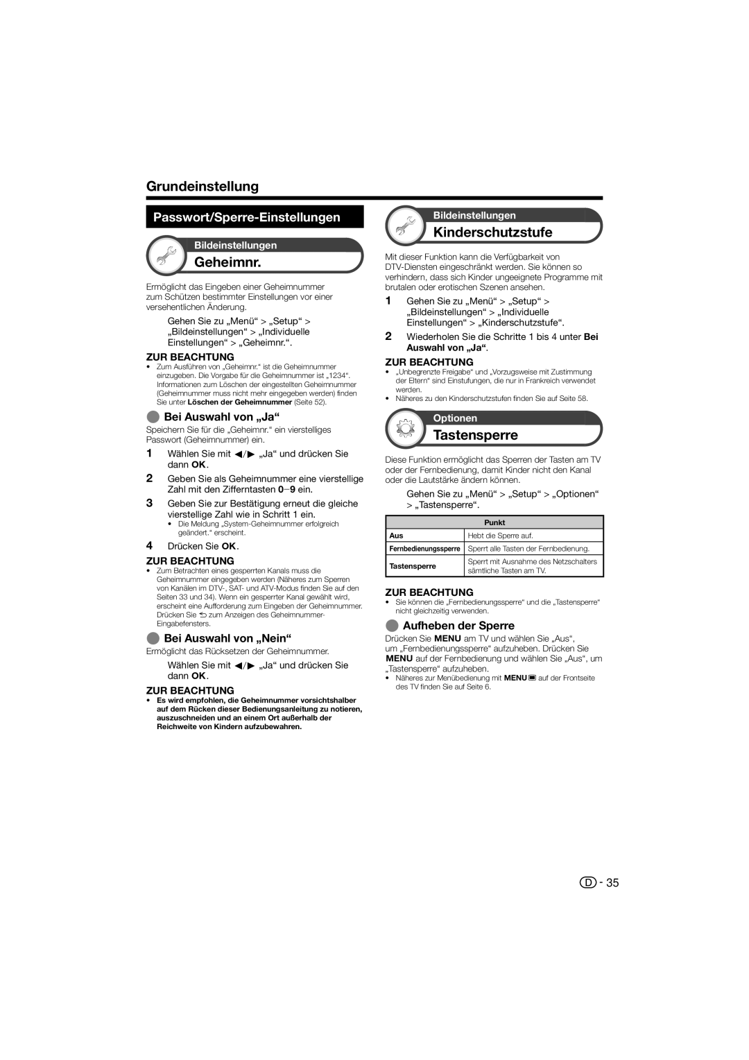 Sharp LC-46LU822E, LC-52LE822ERU, LC-46LX812ERU Geheimnr, Kinderschutzstufe, Tastensperre, Passwort/Sperre-Einstellungen 