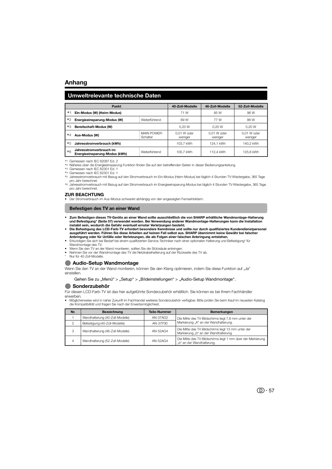 Sharp LC-40LX812ERU, LC-52LE822ERU, LC-46LX812ERU Umweltrelevante technische Daten, Audio-Setup Wandmontage, Sonderzubehör 