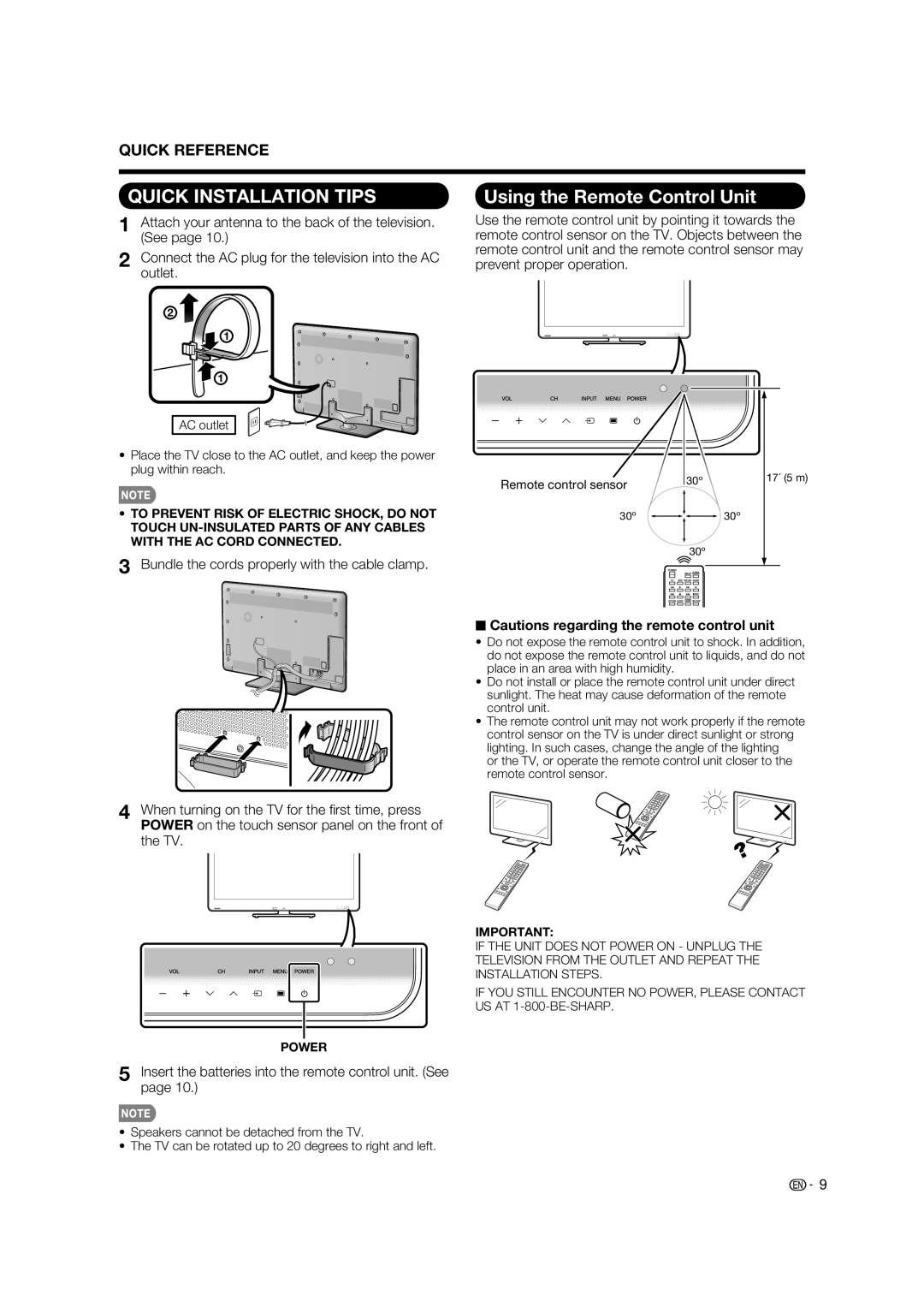 Sharp LC-52LE925UN Using the Remote Control Unit, Bundle the cords properly with the cable clamp, Remote control sensor 