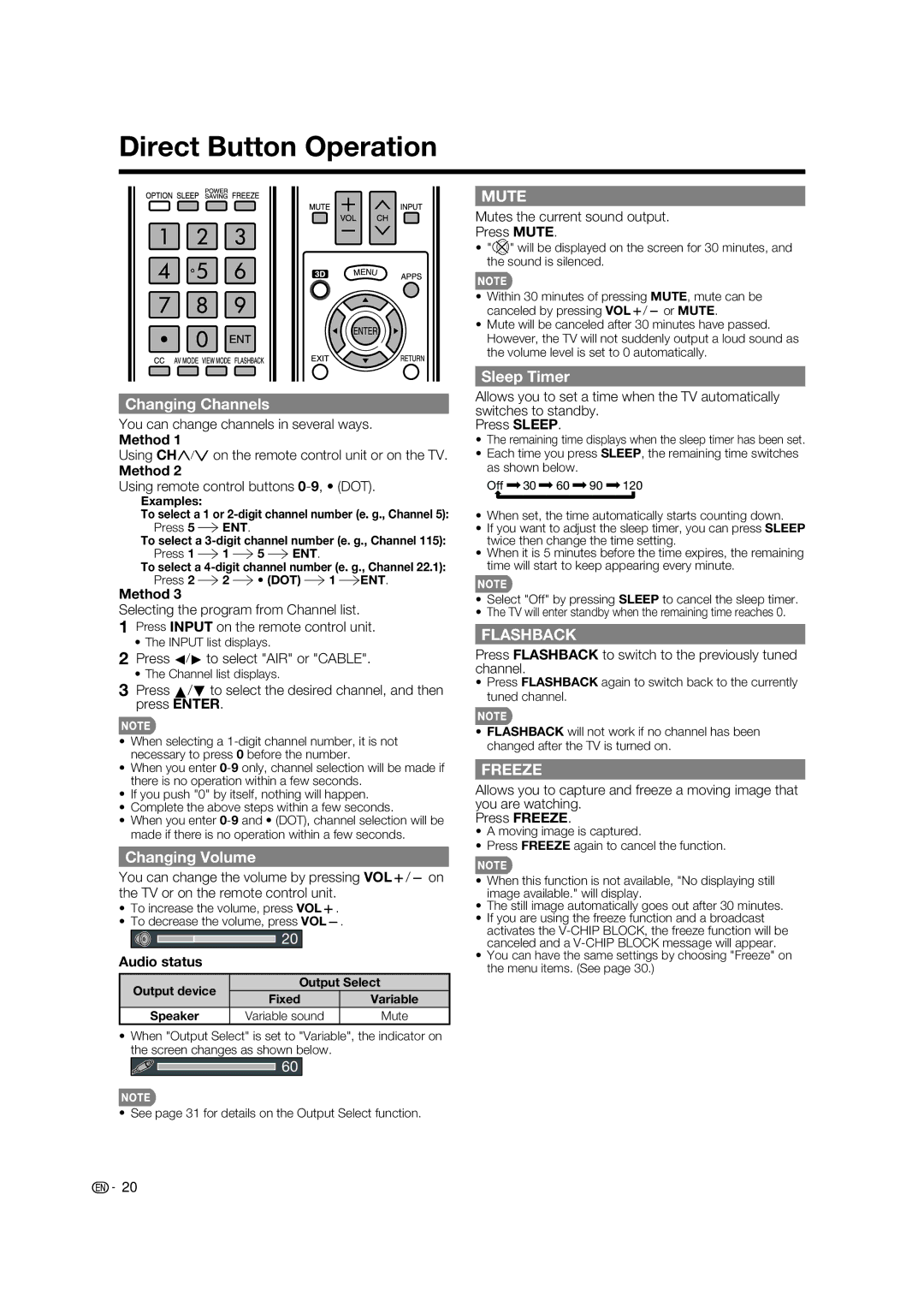 Sharp LC-52LE925UN operation manual Direct Button Operation, Changing Channels, Changing Volume, Sleep Timer 