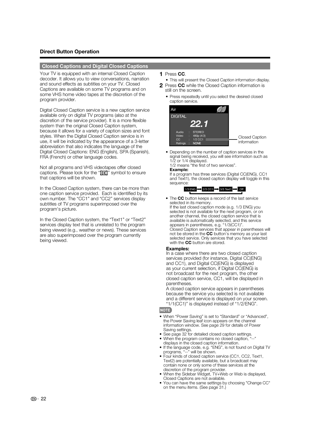 Sharp LC-52LE925UN Closed Captions and Digital Closed Captions, Press CC, Examples, Closed Caption information 