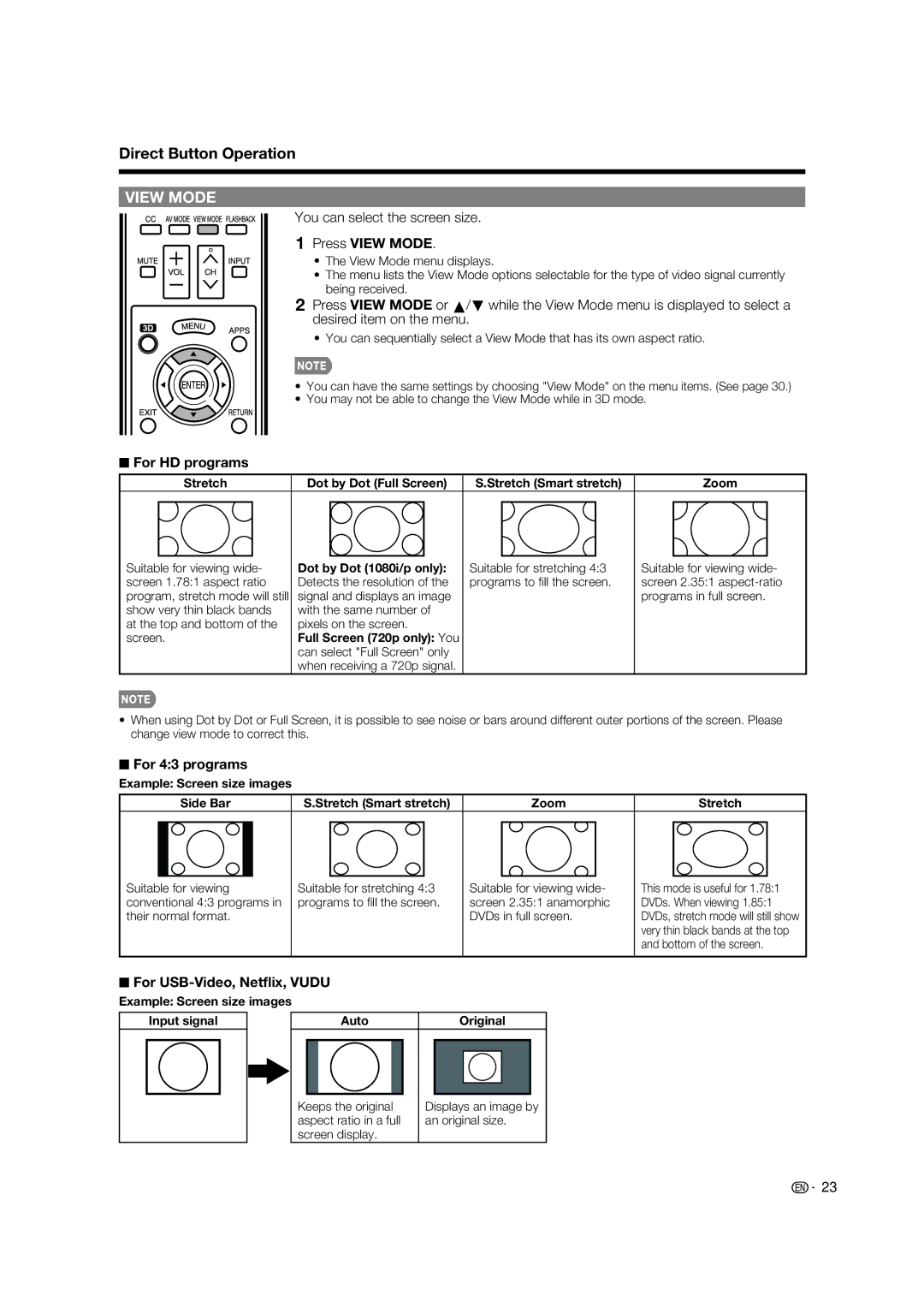 Sharp LC-52LE925UN operation manual You can select the screen size, Press View Mode, For HD programs, For 43 programs 