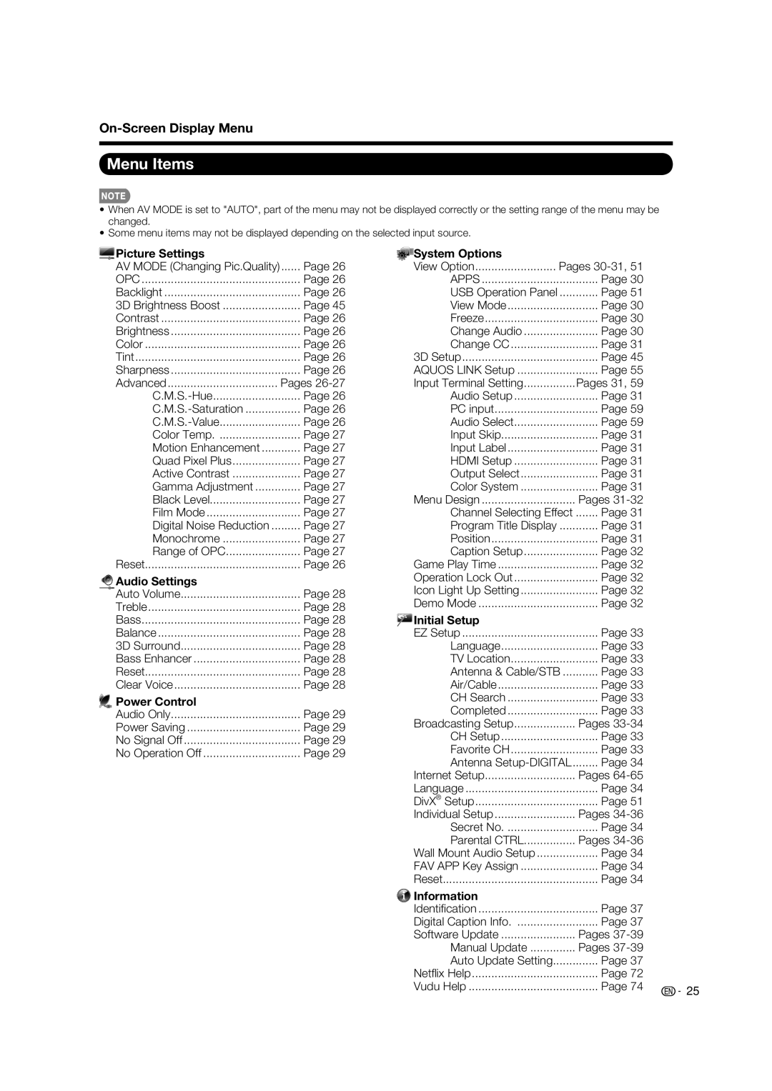 Sharp LC-52LE925UN operation manual Menu Items, On-Screen Display Menu 