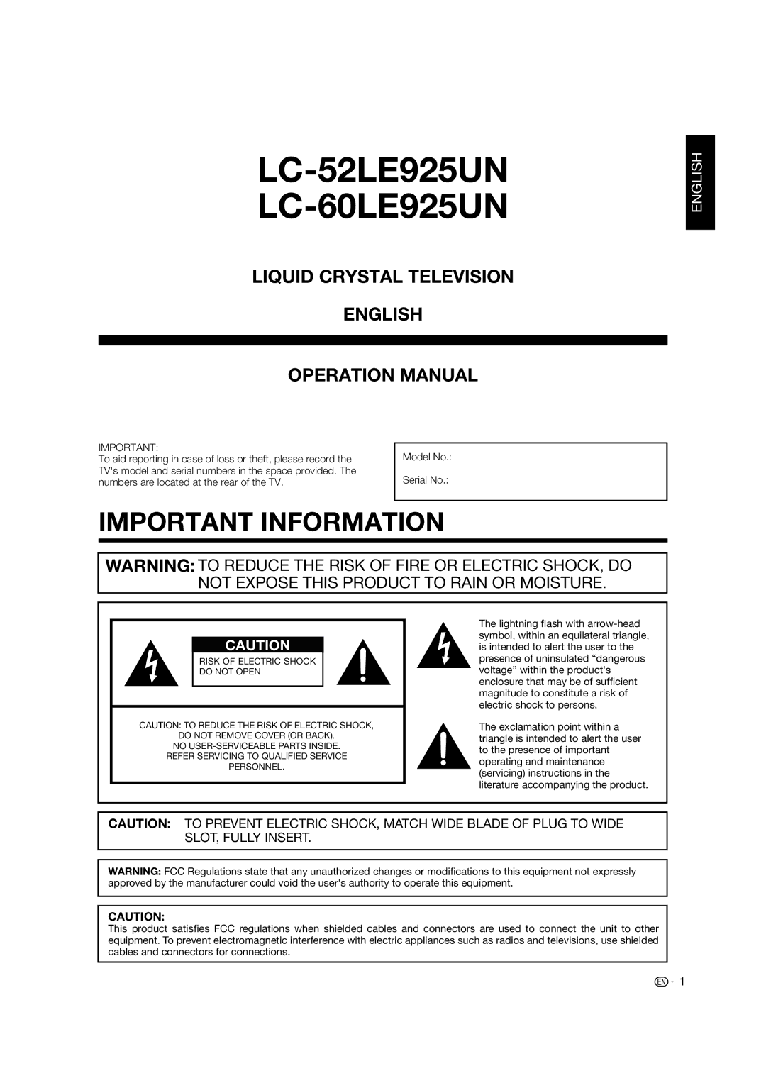 Sharp LC-52LE925UN operation manual Model No, To aid reporting in case of loss or theft, please record 