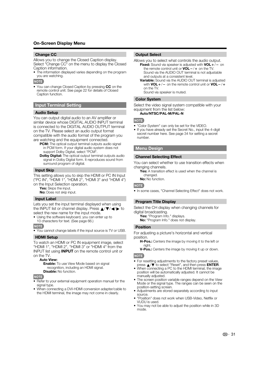 Sharp LC-52LE925UN operation manual Input Terminal Setting, Menu Design 