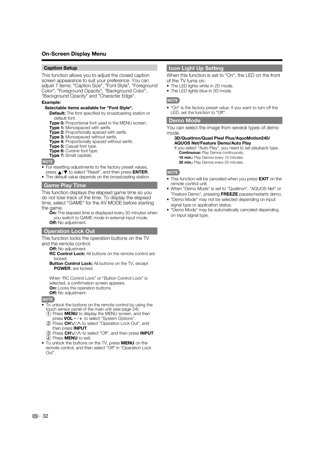 Sharp LC-52LE925UN operation manual Icon Light Up Setting, Game Play Time, Demo Mode, Operation Lock Out, Caption Setup 