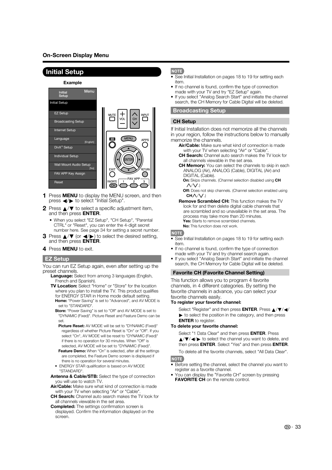 Sharp LC-52LE925UN Initial Setup, EZ Setup, Broadcasting Setup, CH Setup, Favorite CH Favorite Channel Setting 