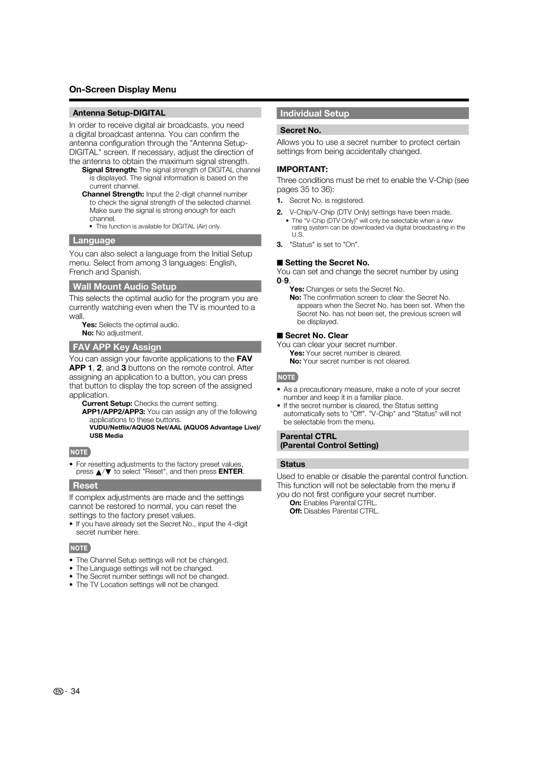 Sharp LC-52LE925UN operation manual Individual Setup, Language, Wall Mount Audio Setup, FAV APP Key Assign, Reset 