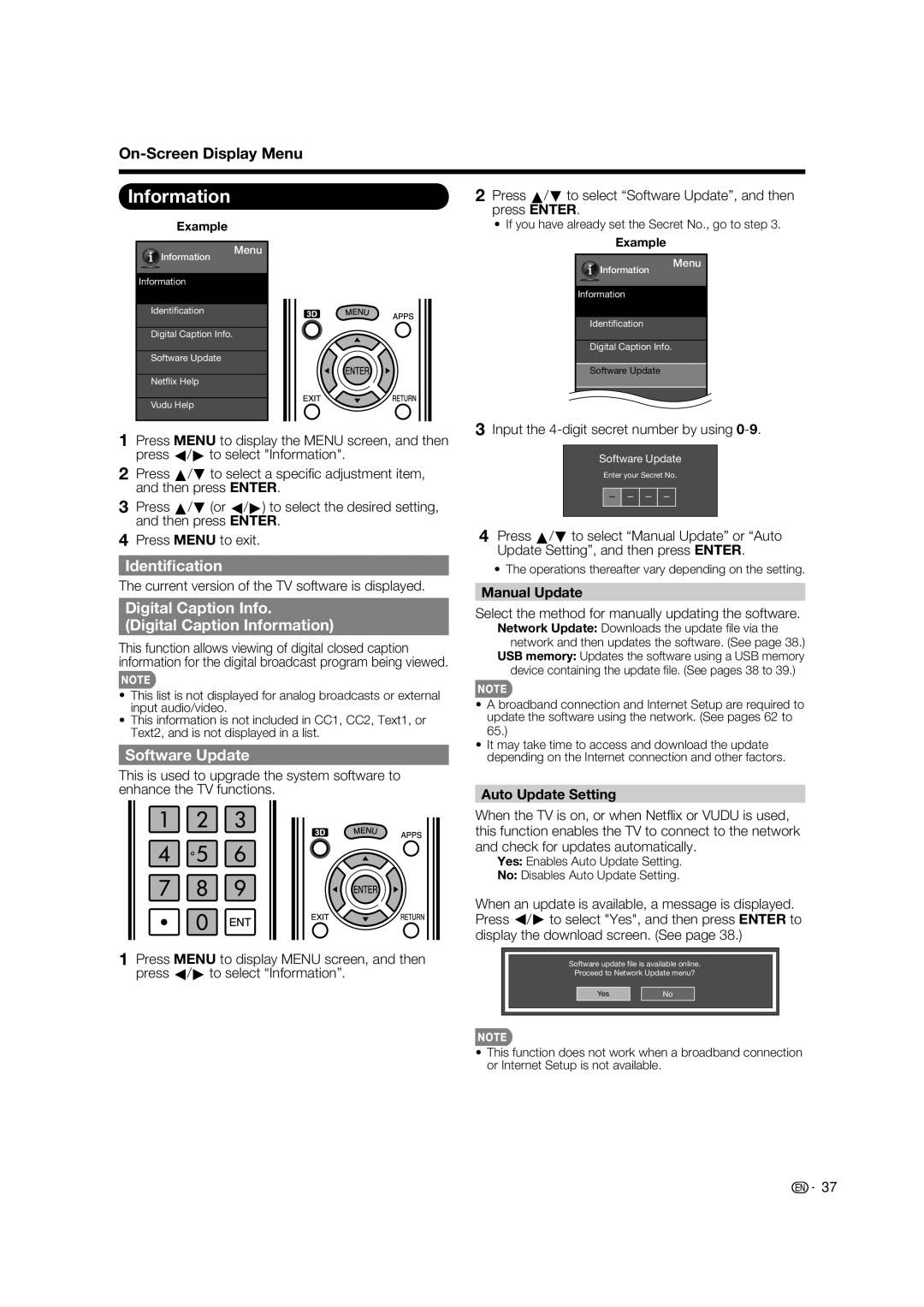 Sharp LC-52LE925UN operation manual Identiﬁcation, Digital Caption Info Digital Caption Information, Software Update 