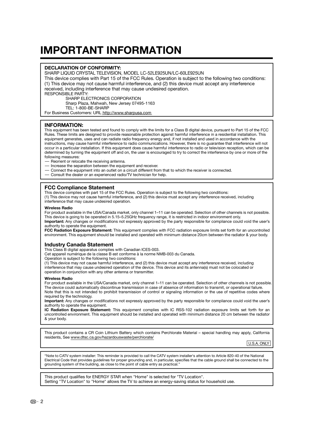 Sharp LC-52LE925UN operation manual FCC Compliance Statement, Industry Canada Statement 