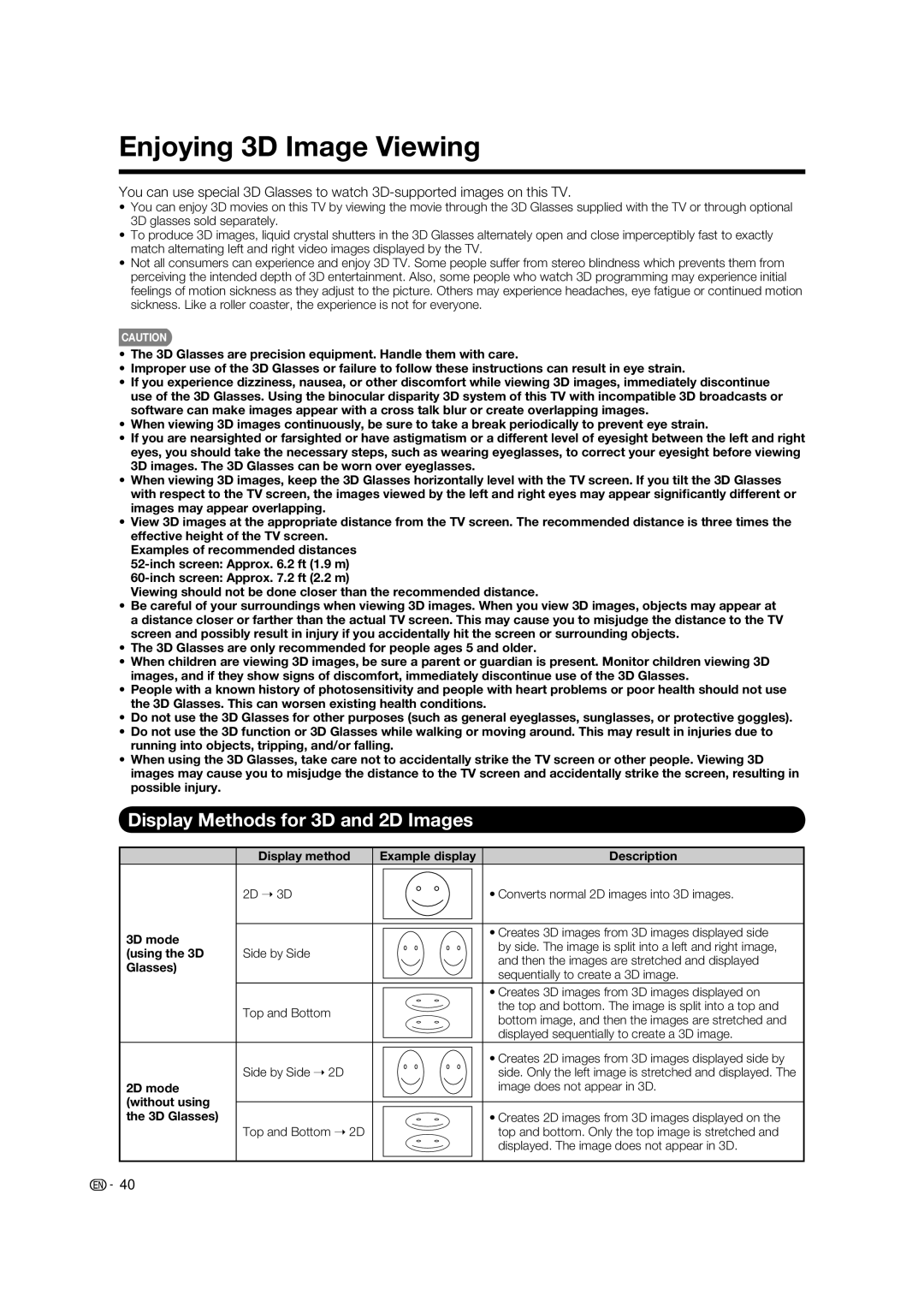 Sharp LC-52LE925UN operation manual Enjoying 3D Image Viewing, Display Methods for 3D and 2D Images 