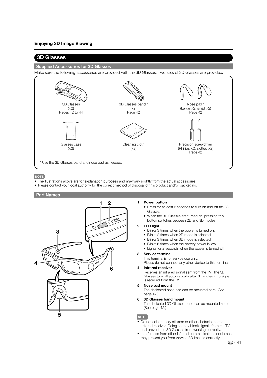 Sharp LC-52LE925UN operation manual Enjoying 3D Image Viewing, Supplied Accessories for 3D Glasses, Part Names 