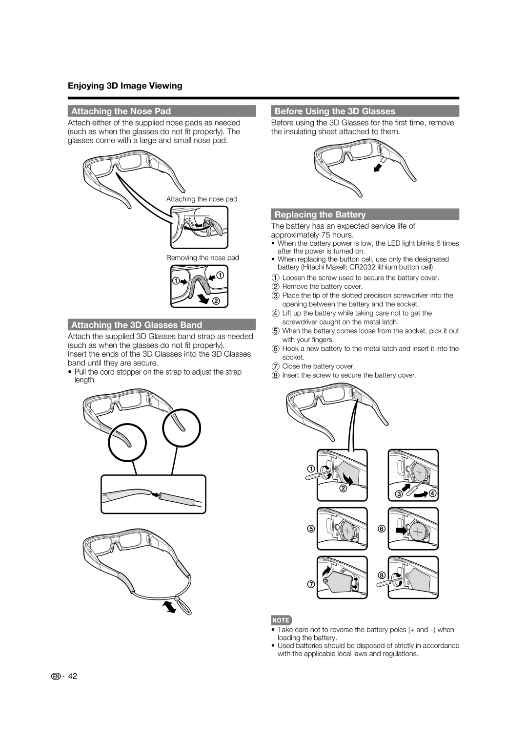 Sharp LC-52LE925UN operation manual Attaching the Nose Pad Before Using the 3D Glasses, Replacing the Battery 