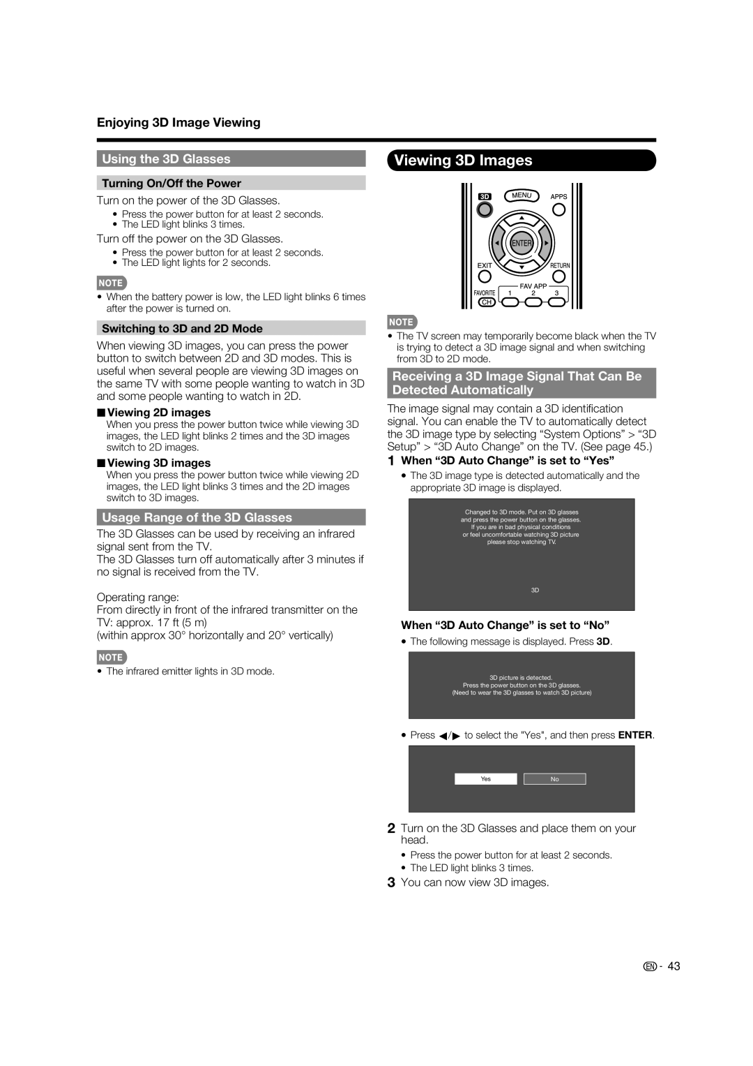 Sharp LC-52LE925UN operation manual Viewing 3D Images, Using the 3D Glasses, Usage Range of the 3D Glasses 