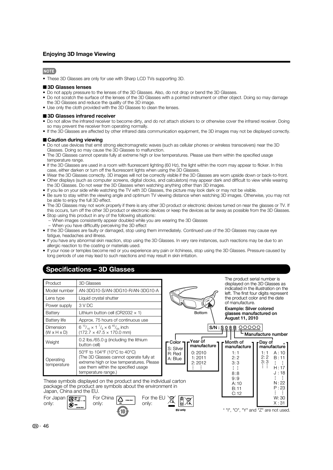 Sharp LC-52LE925UN operation manual Speciﬁcations 3D Glasses, 3D Glasses lenses, 3D Glasses infrared receiver 