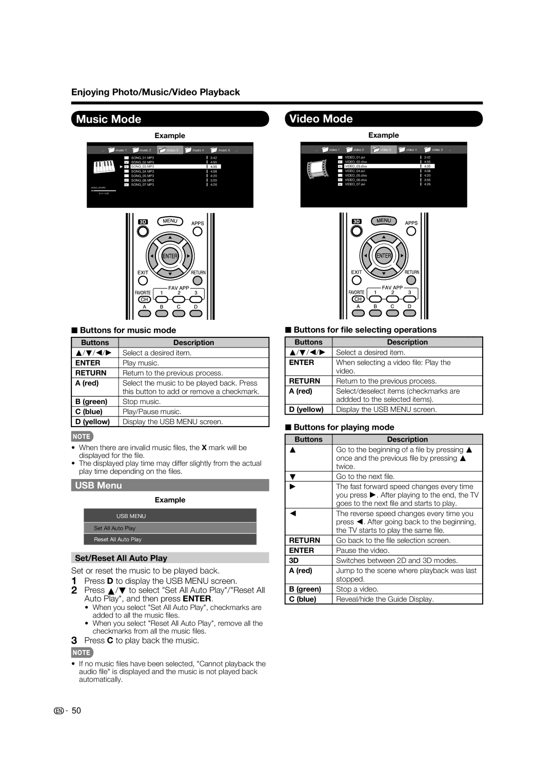 Sharp LC-52LE925UN operation manual Music Mode, Video Mode 