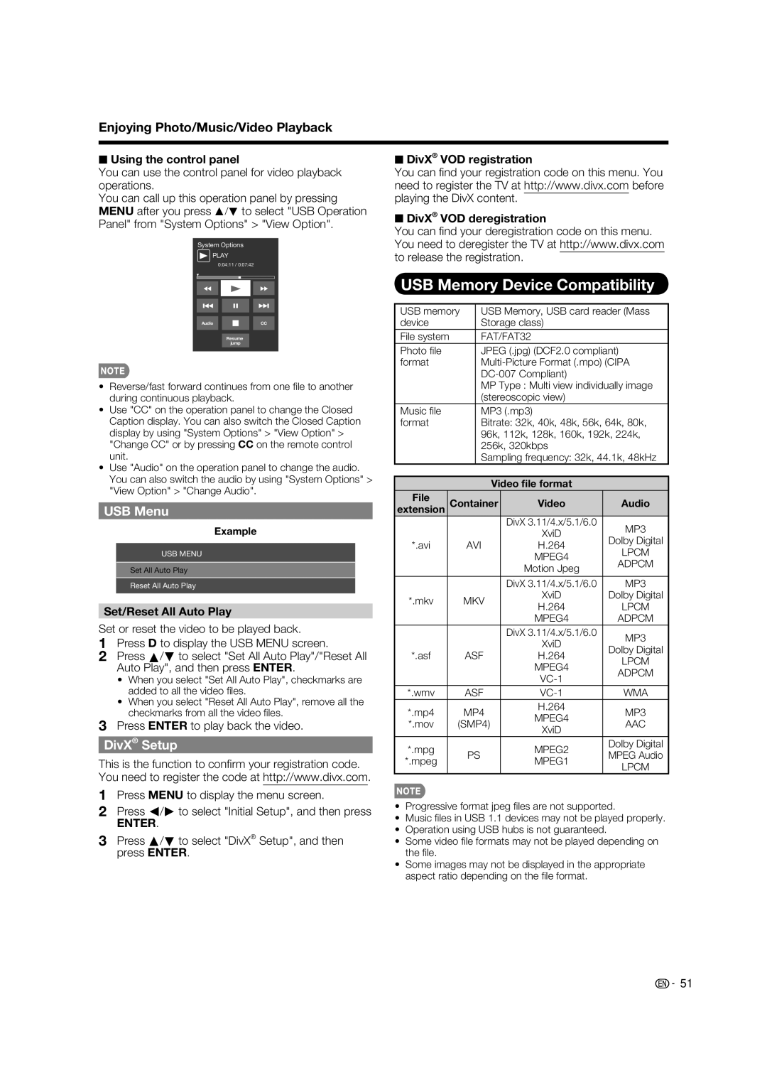 Sharp LC-52LE925UN operation manual USB Memory Device Compatibility, DivX Setup, Using the control panel 