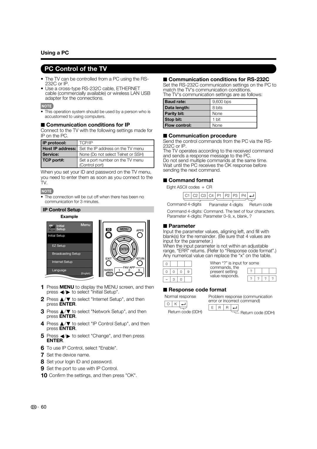 Sharp LC-52LE925UN operation manual PC Control of the TV 