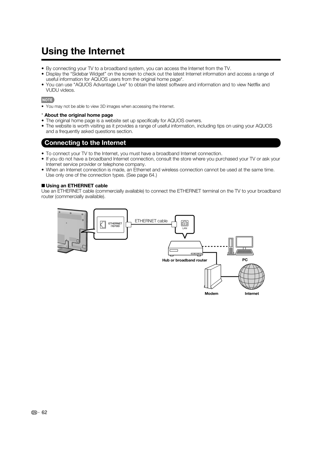 Sharp LC-52LE925UN Using the Internet, Connecting to the Internet, About the original home, Using an Ethernet cable 