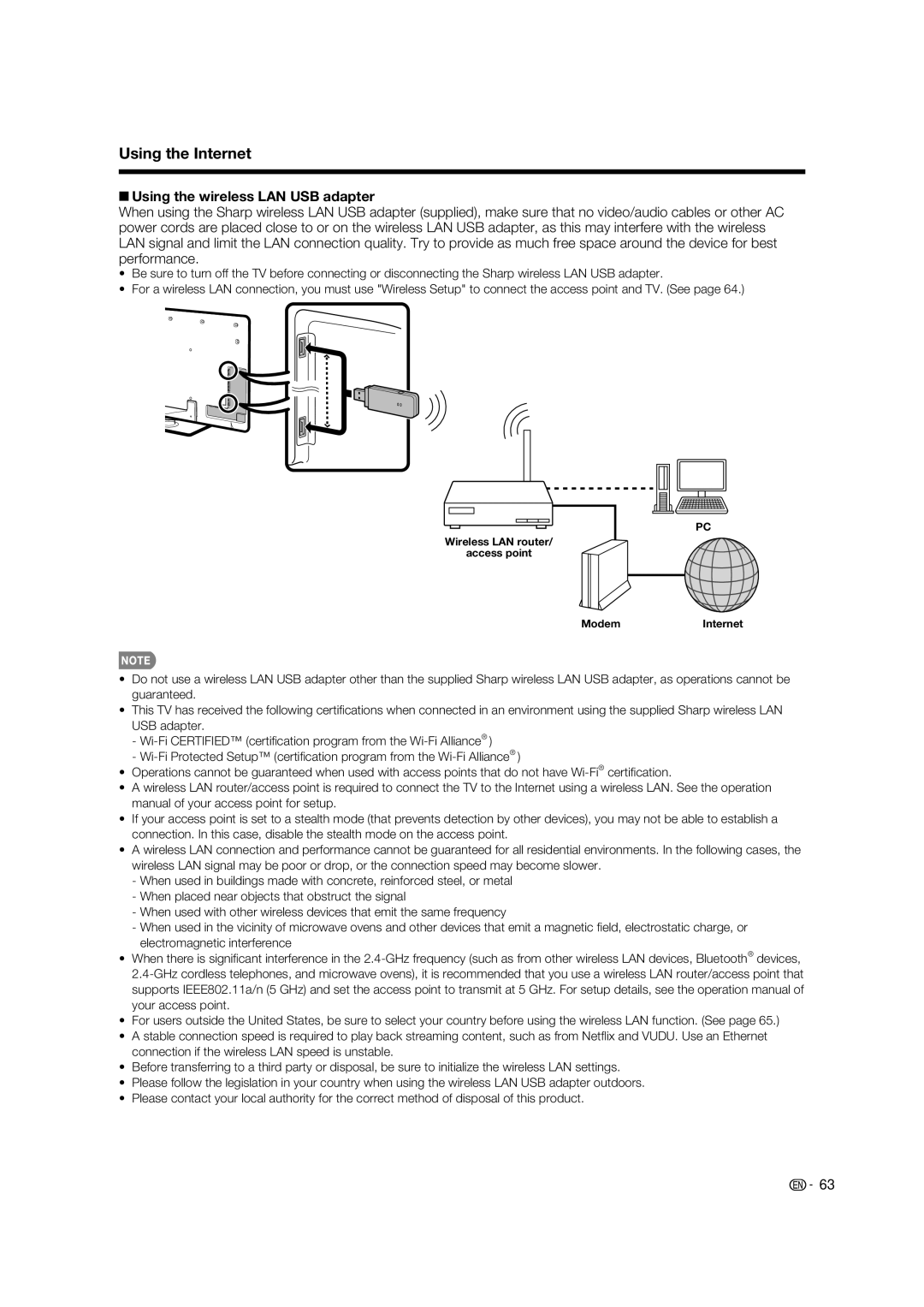 Sharp LC-52LE925UN operation manual Using the Internet, Using the wireless LAN USB adapter 