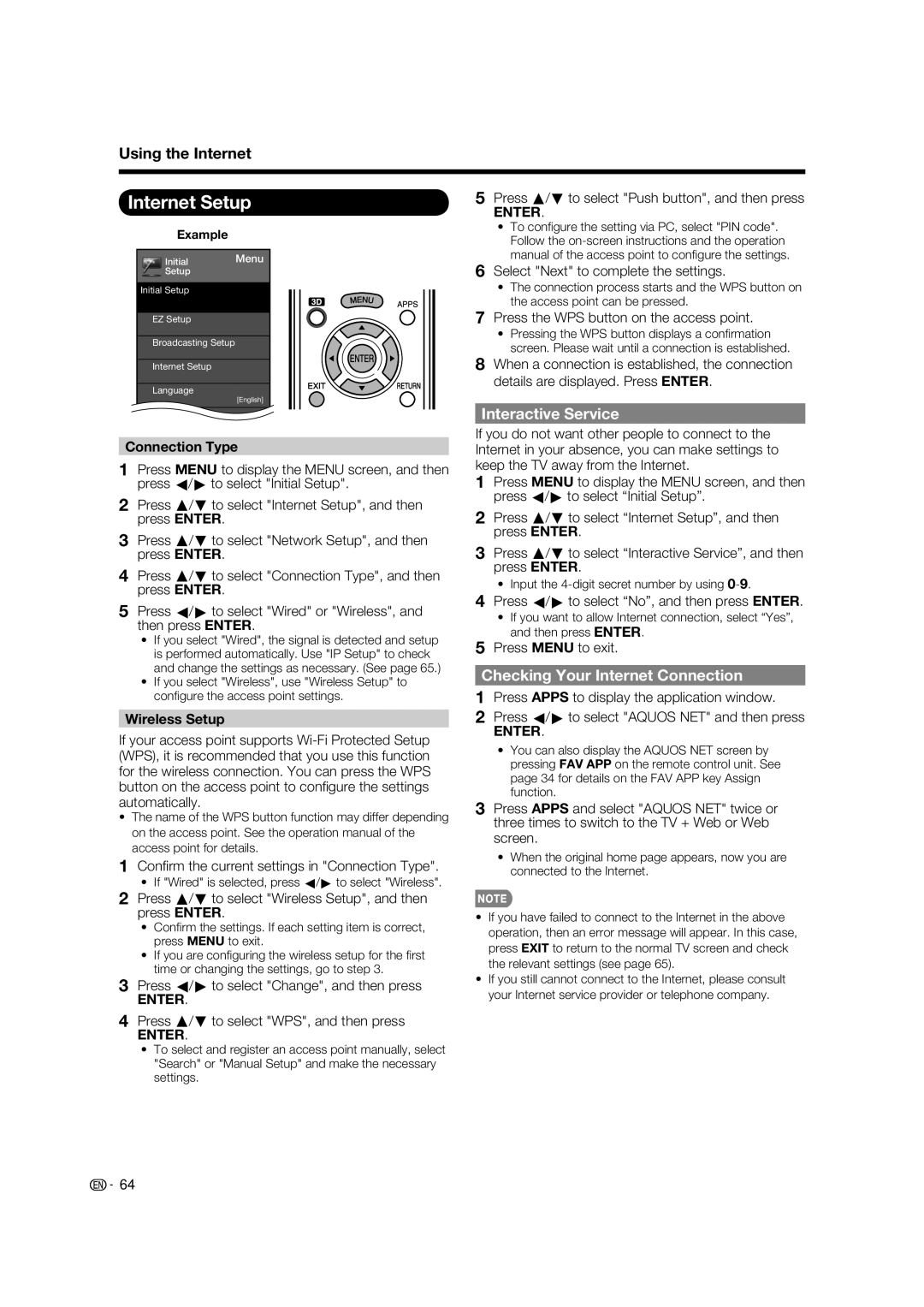 Sharp LC-52LE925UN Internet Setup, Interactive Service, Checking Your Internet Connection, Connection Type, Wireless Setup 