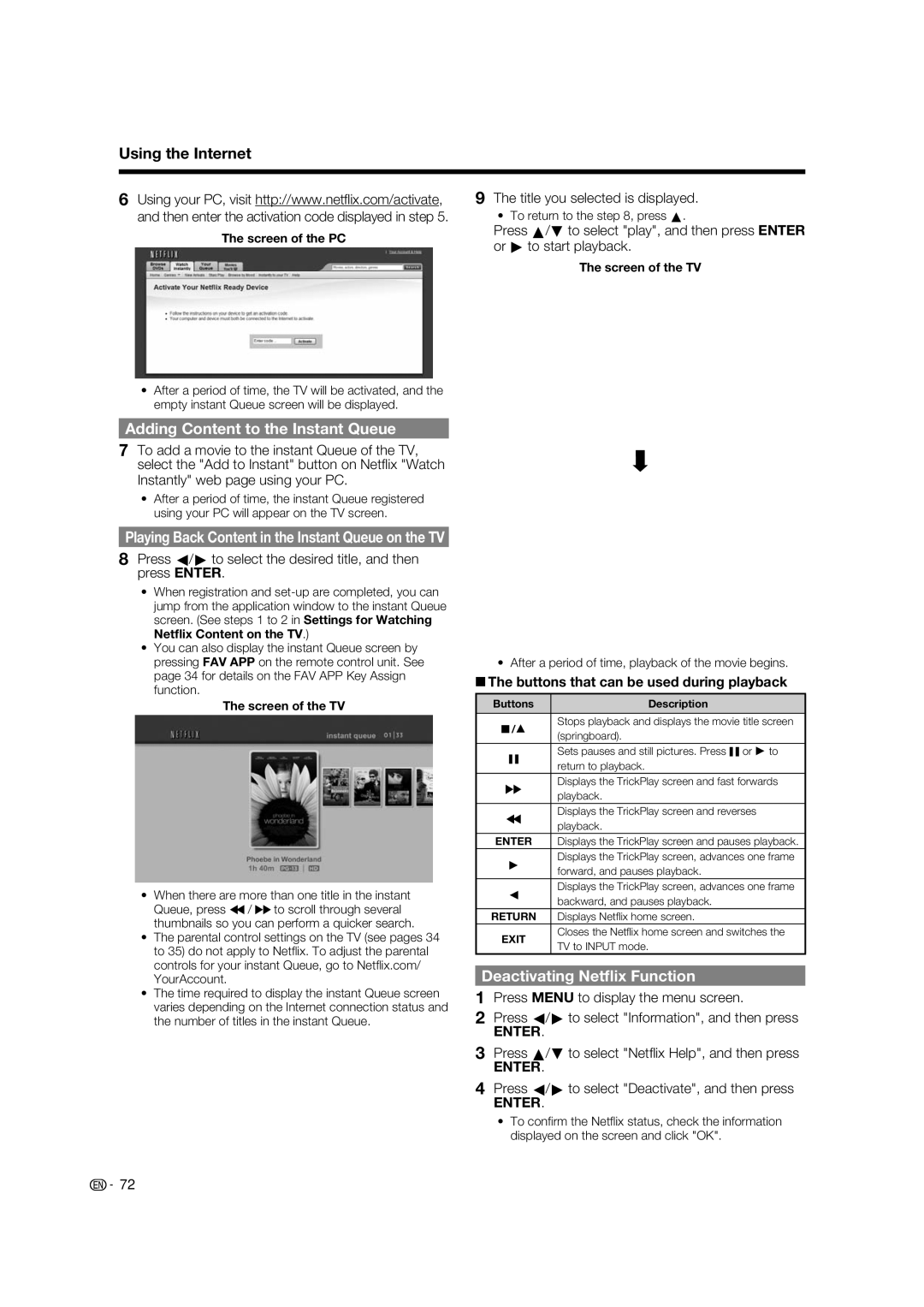 Sharp LC-52LE925UN operation manual Adding Content to the Instant Queue, Deactivating Netﬂix Function 