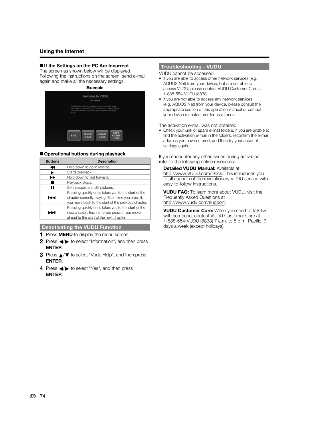 Sharp LC-52LE925UN Troubleshooting Vudu, Deactivating the Vudu Function, Operational buttons during playback 