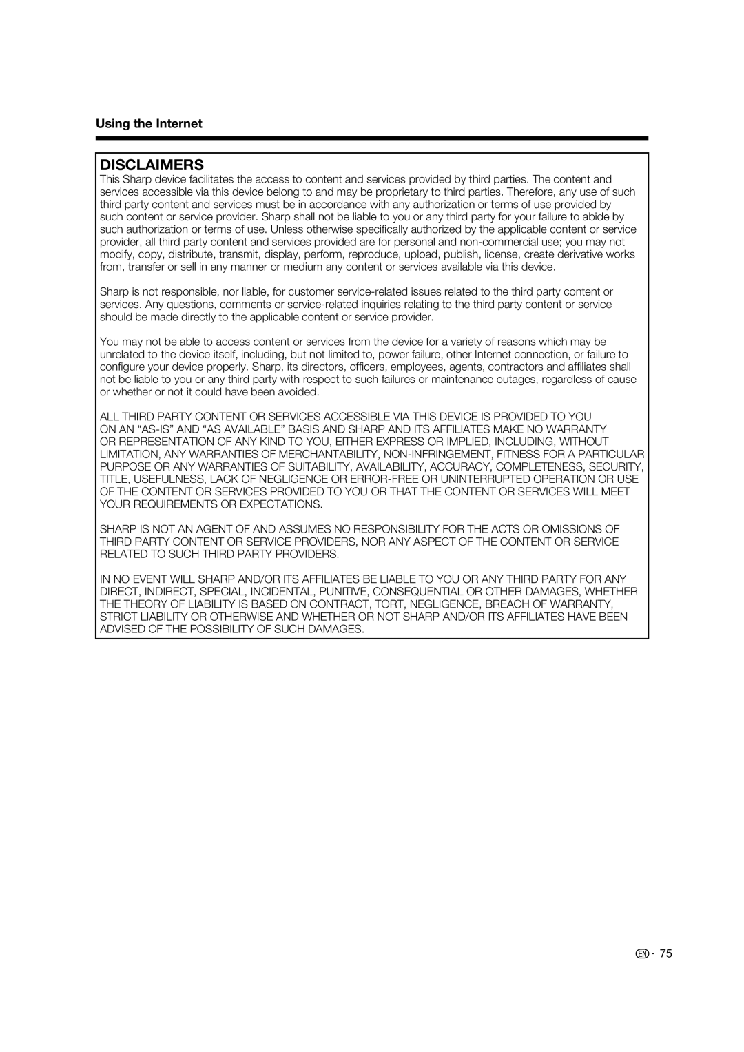 Sharp LC-52LE925UN operation manual Disclaimers 