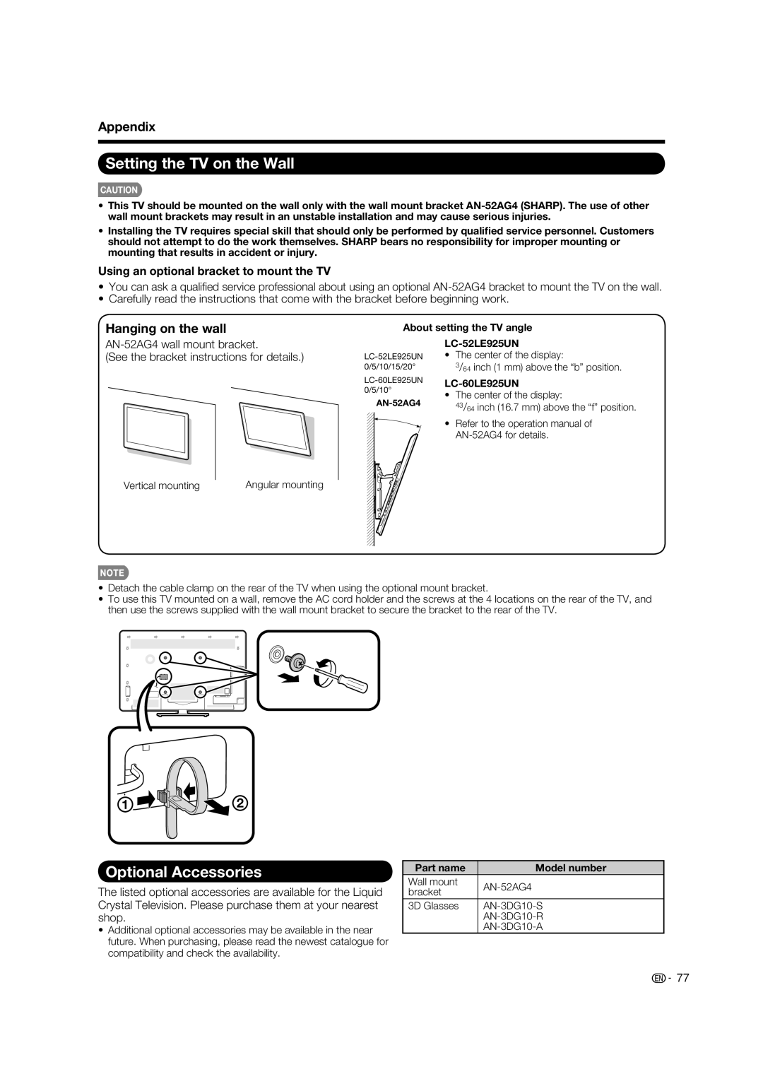 Sharp LC-52LE925UN operation manual Setting the TV on the Wall, Optional Accessories, Appendix, Hanging on the wall 