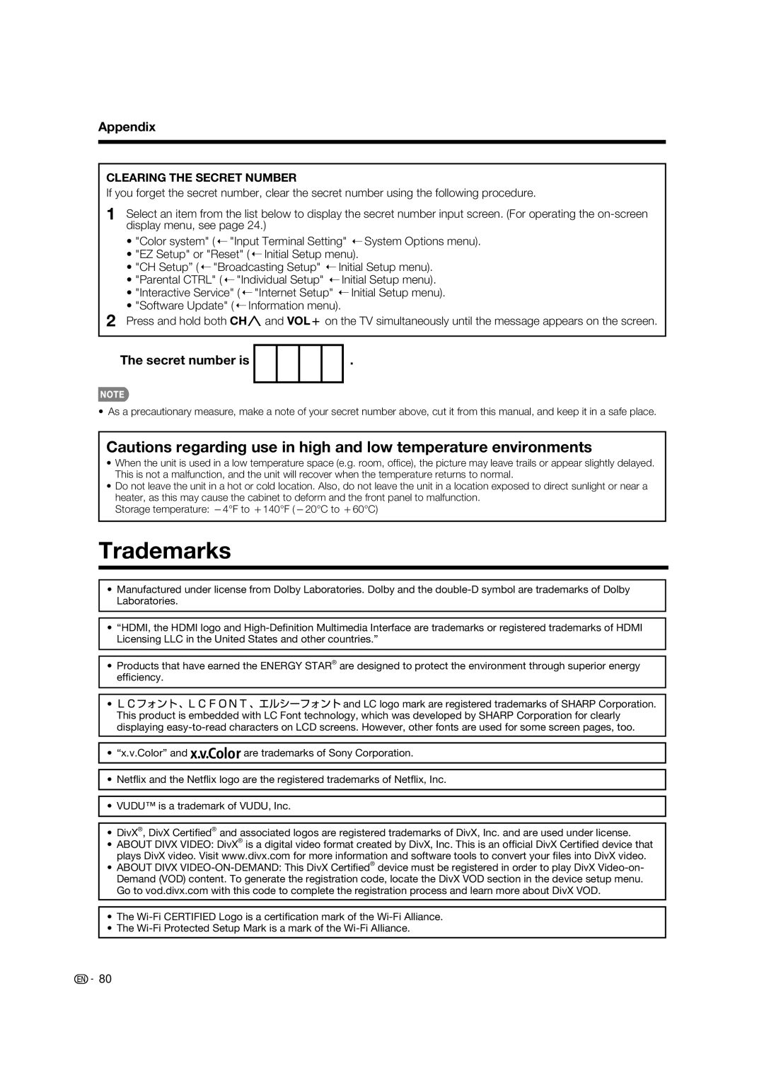 Sharp LC-52LE925UN operation manual Trademarks, Secret number is, Initial Setup menu, Software Update Information menu 